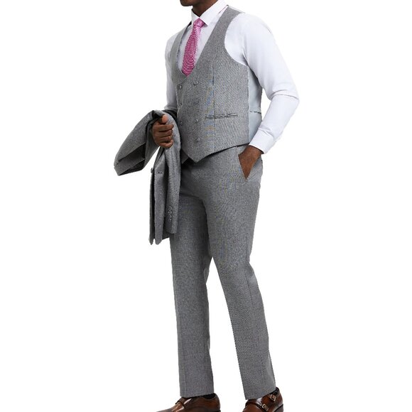 Stone Grey Double Breasted Vest Stacy Adams Men's Suit - Picture 3 of 6